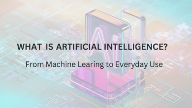 Illustration showing the concept of Artificial Intelligence, with icons representing machine learning, neural networks, and everyday applications like voice assistants, smart devices, and automation.