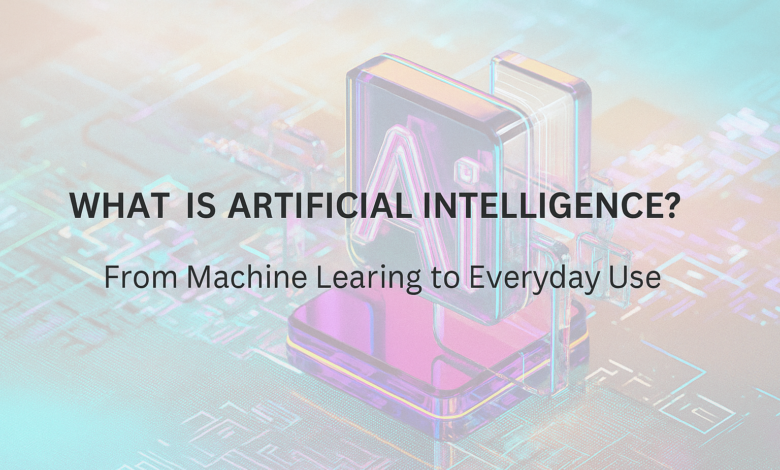 Illustration showing the concept of Artificial Intelligence, with icons representing machine learning, neural networks, and everyday applications like voice assistants, smart devices, and automation.