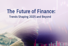 Text “The Future of Finance: Trends Shaping 2025 and Beyond” displayed over a light gradient background with financial charts and a stack of banknotes in the foreground.