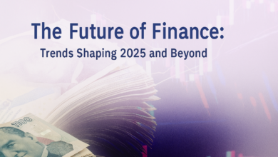 Text “The Future of Finance: Trends Shaping 2025 and Beyond” displayed over a light gradient background with financial charts and a stack of banknotes in the foreground.