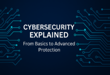 Visual representation of Cybersecurity, showing digital shields, locks, and network icons symbolizing protection from basic security measures to advanced threat defenses.