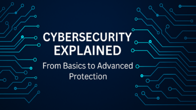Visual representation of Cybersecurity, showing digital shields, locks, and network icons symbolizing protection from basic security measures to advanced threat defenses.