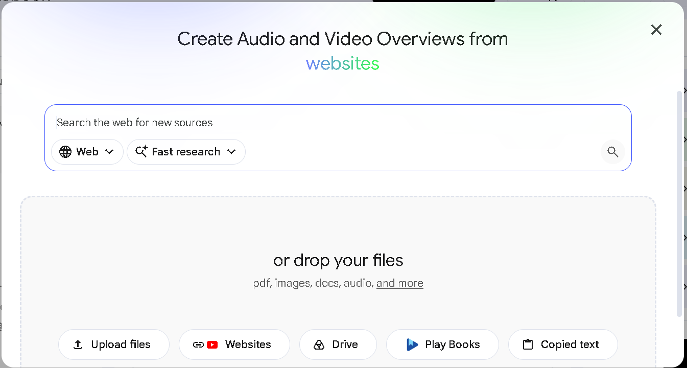 The Add sources dialog in Gemini Notebook showing website, Drive, YouTube and paste options