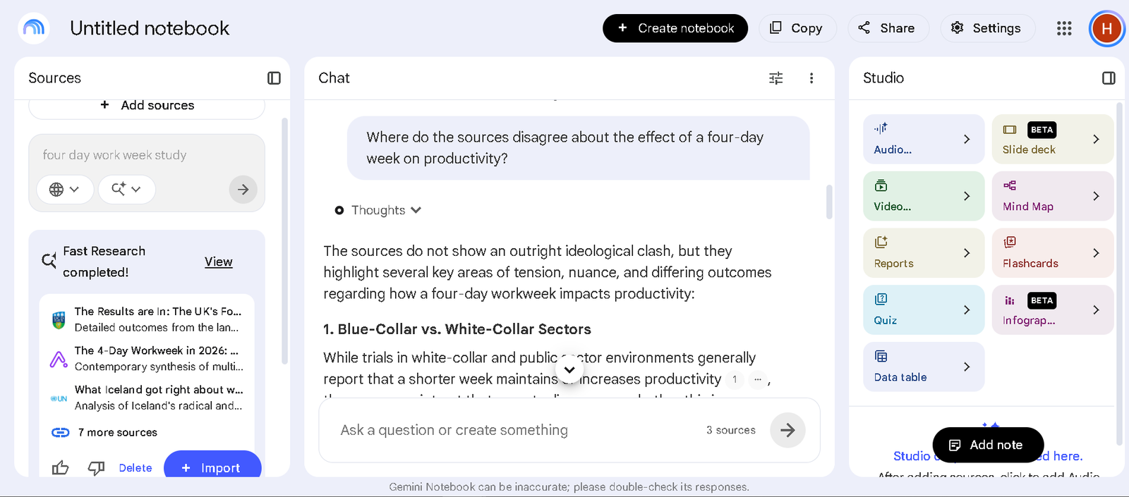 A Gemini Notebook chat answer with an inline numbered citation on a claim about productivity