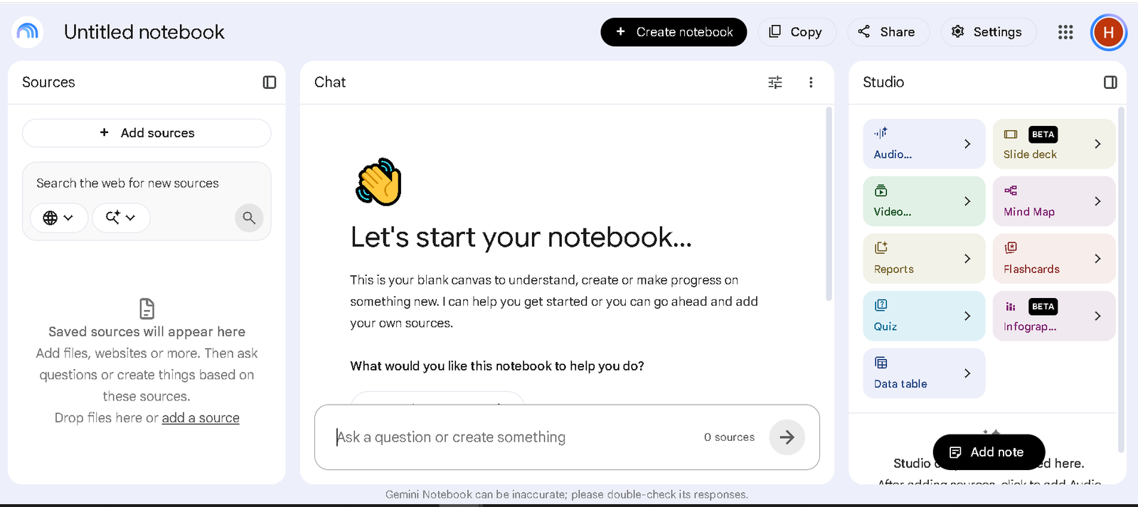 A new, empty Gemini Notebook with the Sources, Chat and Studio panels